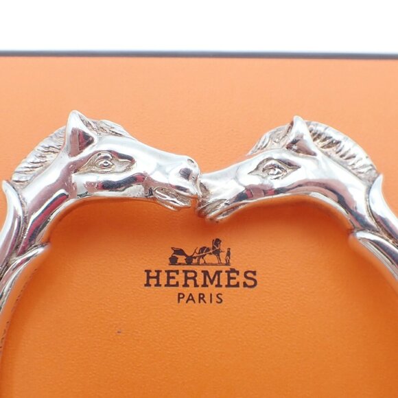 HERMES Logo Cheval Double Horse Head Bangle Bracelet Silver Accessory - Picture 2 of 16